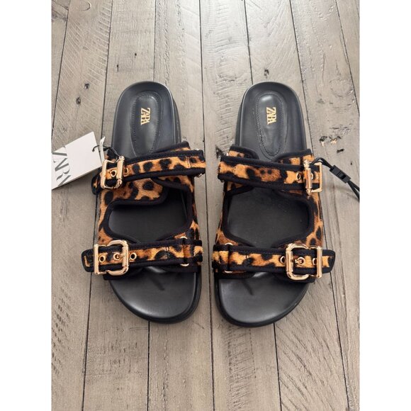 NWT ZARA ANIMAL LEOPARD PRINT LEATHER FLAT SANDALS Size 40 10 - Picture 3 of 7